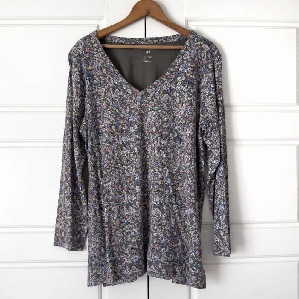J Jill Floral Paisley Tunic Top Large Green Blue Cotton Knit Preppy Casual Boho